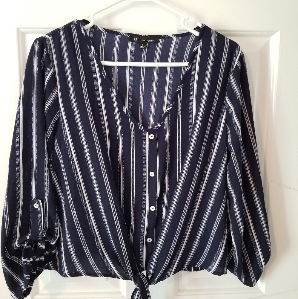 3/$20 Navy blue striped tie front shirt